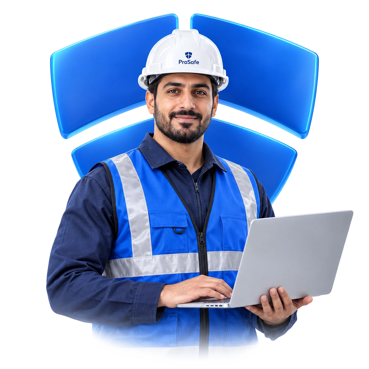 أخصائي سلامة وصحة مهنية معتمد مع درع ProSafe ثلاثي الأبعاد ويحمل لابتوب التحليل والمؤشرات